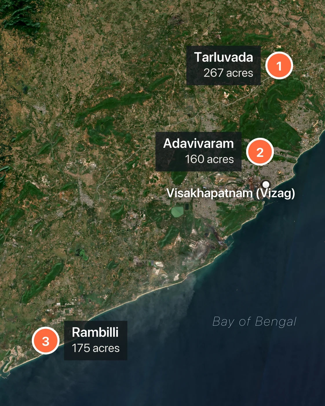Satellite map of the Visakhapatnam coast marking the three data-centre sites: Tarluvada, Adavivaram and Rambilli.