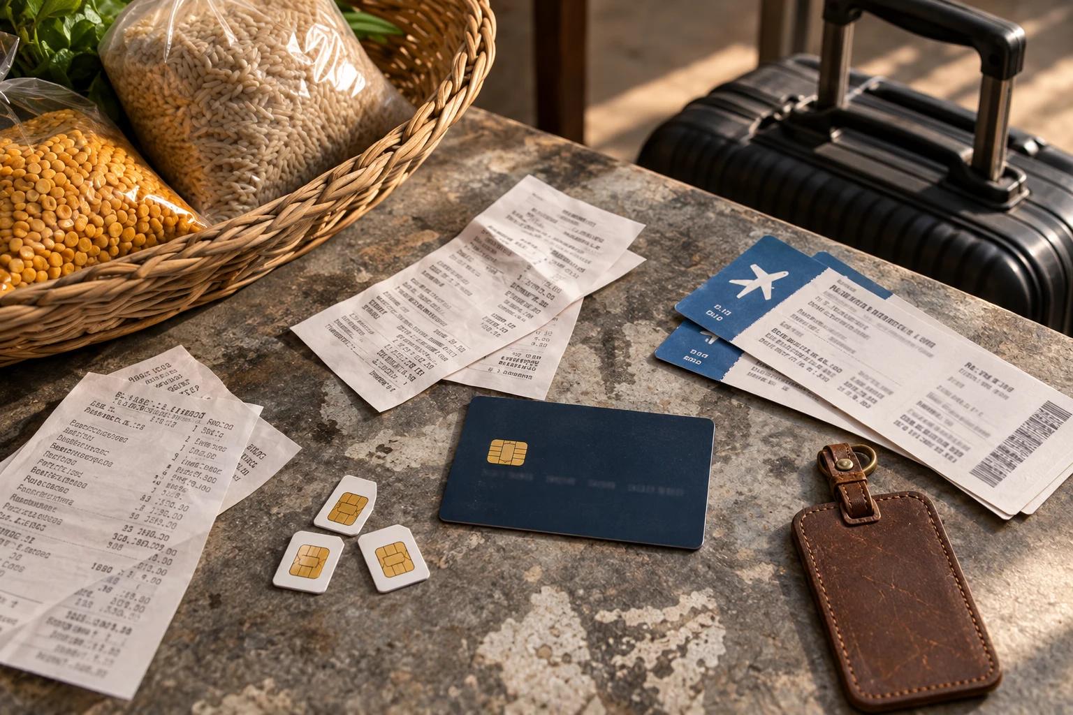 Groceries, receipts, SIM cards, a bank card and travel tickets arranged beside a suitcase on a stone table.