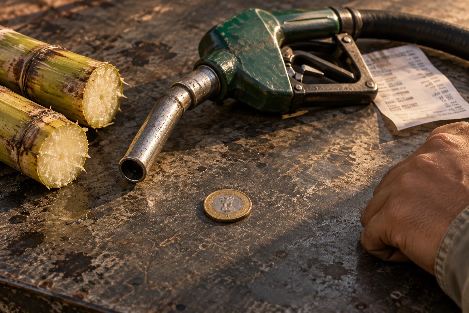 A green petrol nozzle, cut sugarcane and a single coin on a worn workbench beside a resting hand.