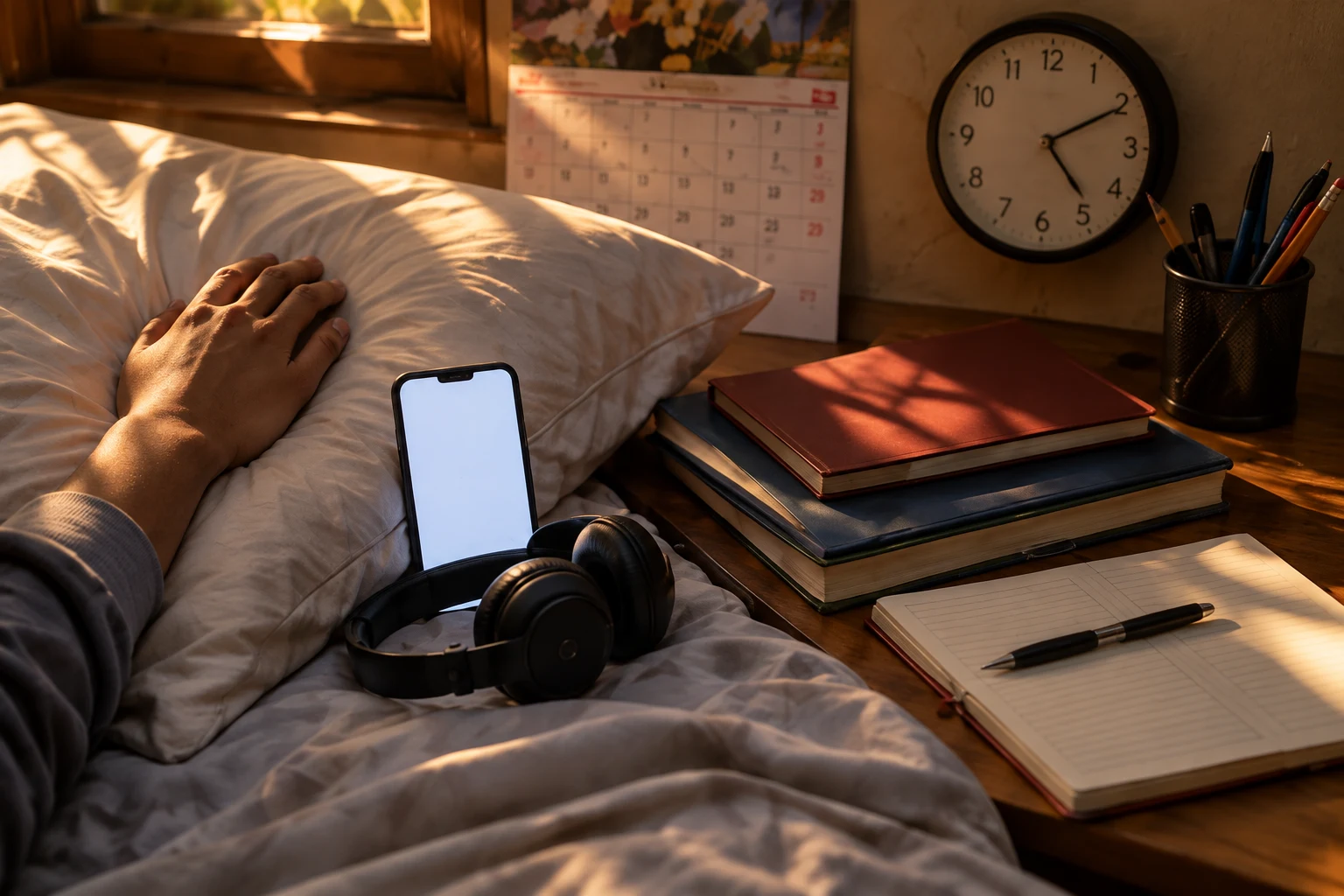 A resting hand on a pillow beside a phone, headphones, study books, a calendar, clock and open notebook in warm afternoon light.
